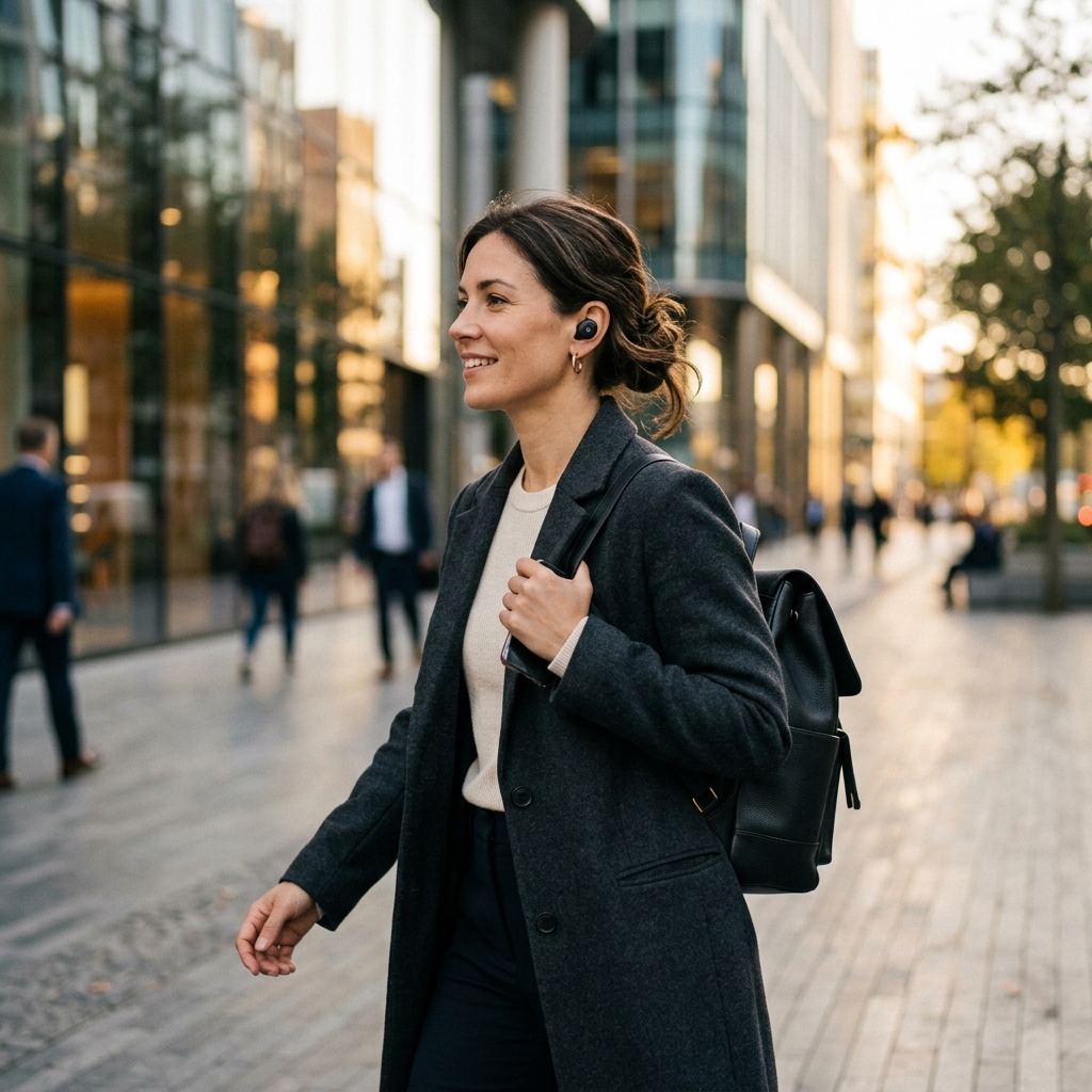 Person mit Ordo Smart Earbuds im Alltag